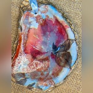 Handcrafted Poured Paint Decoupaged Oyster Shell Beaded Ribbon